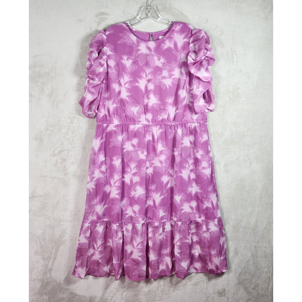 Destination 365 Dress Womens 1X Petite Rose Floral Chiffon Midi Puff A614504